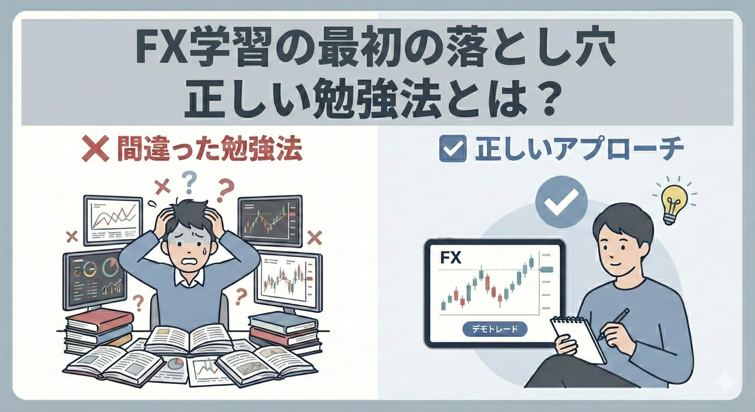 FX学習の落とし穴と正しい勉強法の対比。大量の知識に溺れる「間違った勉強法」と、シンプルなルールとノートで実践的に学ぶ「正しいアプローチ」の違いを表現。