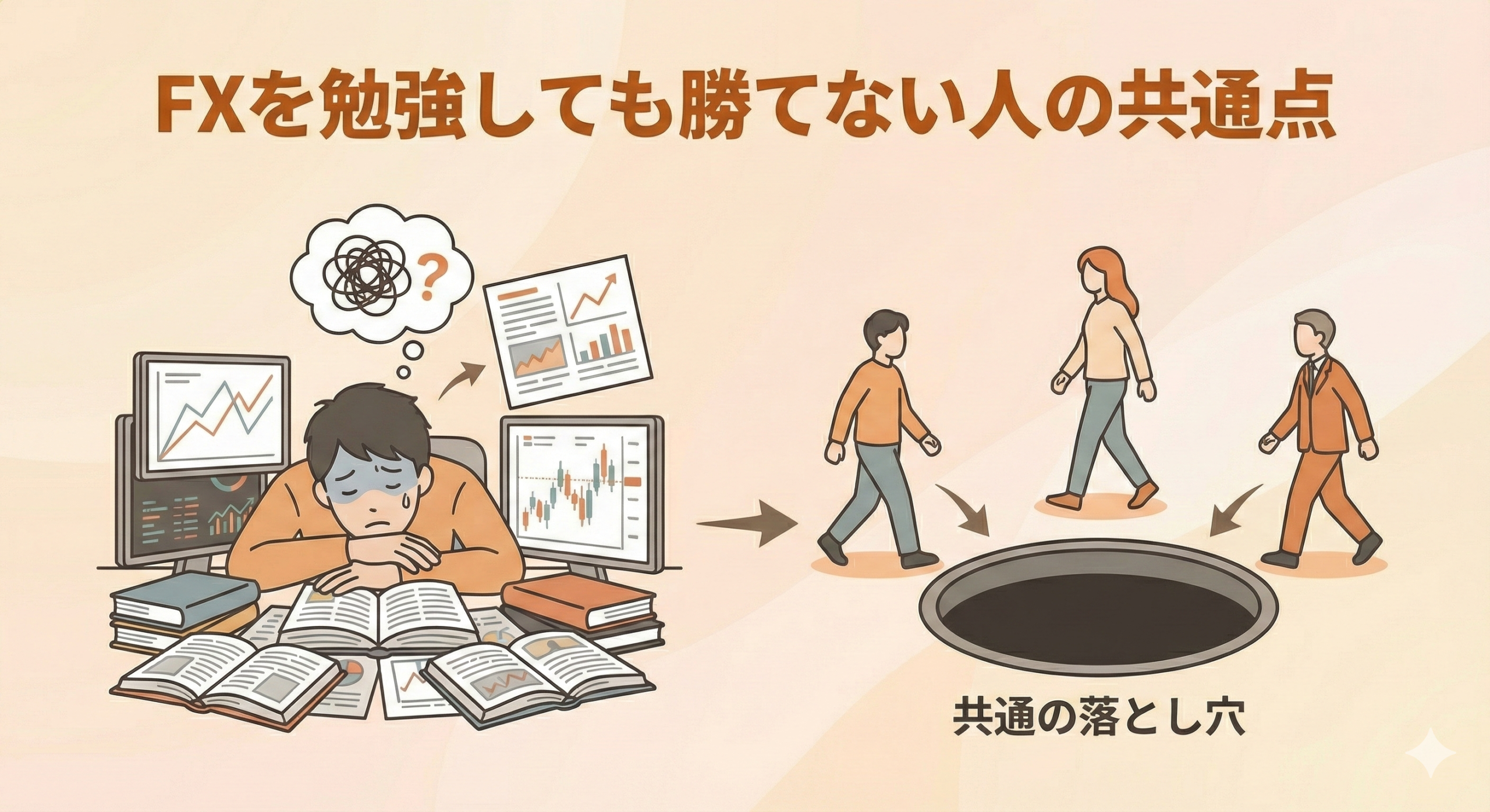 FXを熱心に勉強しても結果が出ない人が共通して陥る「落とし穴」をイメージしたアイキャッチ。情報の迷路と失敗の罠を表現したイラスト。
