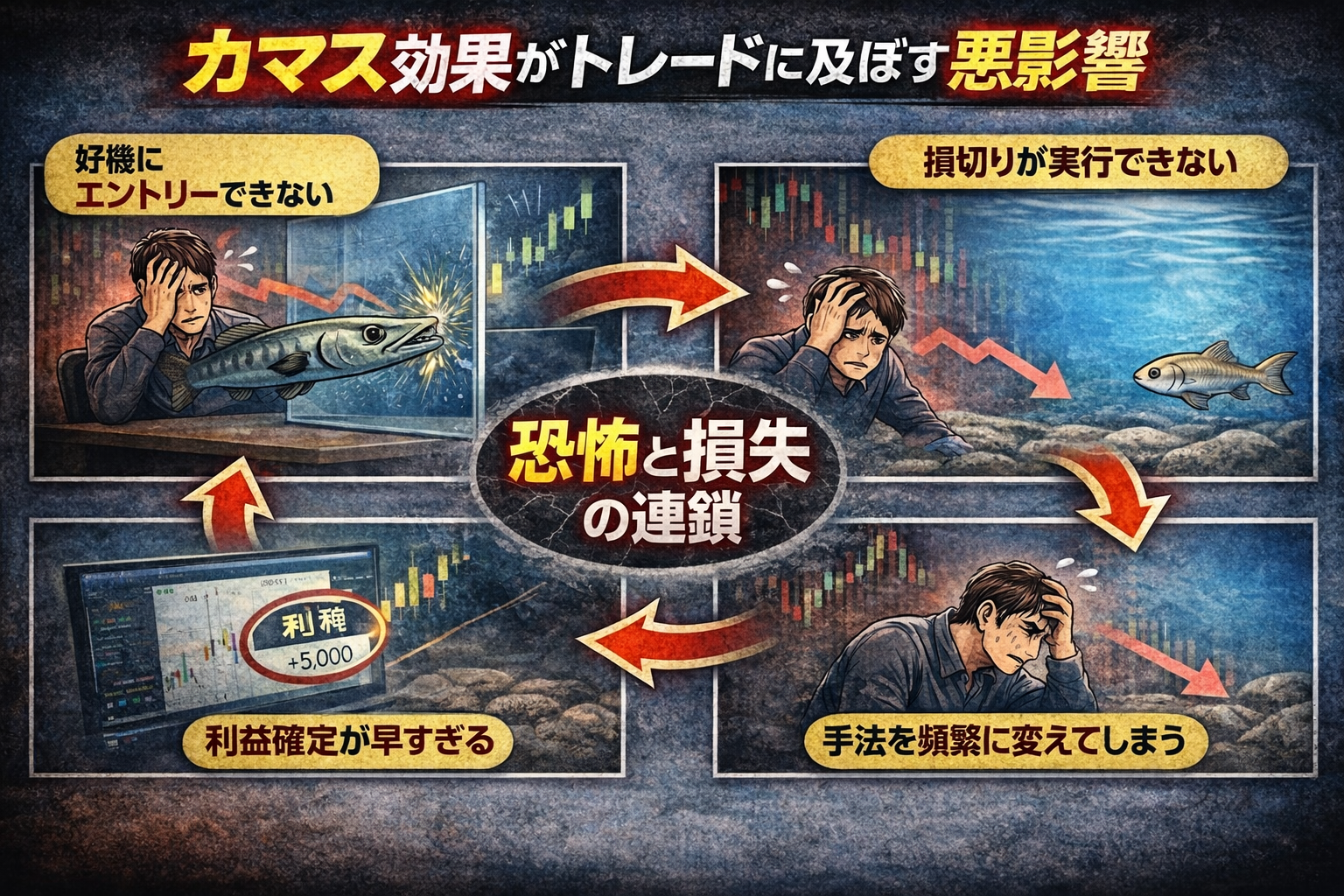 カマス効果によるトレードの悪循環 エントリーできない 損切りできない 利確が早い 手法迷子