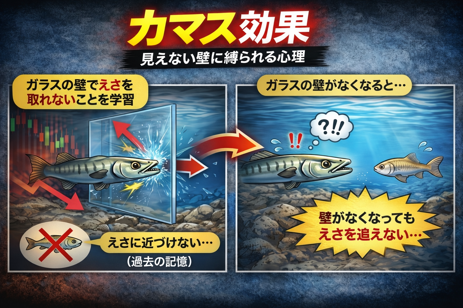 カマス効果の実験 ガラスの壁で学習し壁がなくても動けない状態