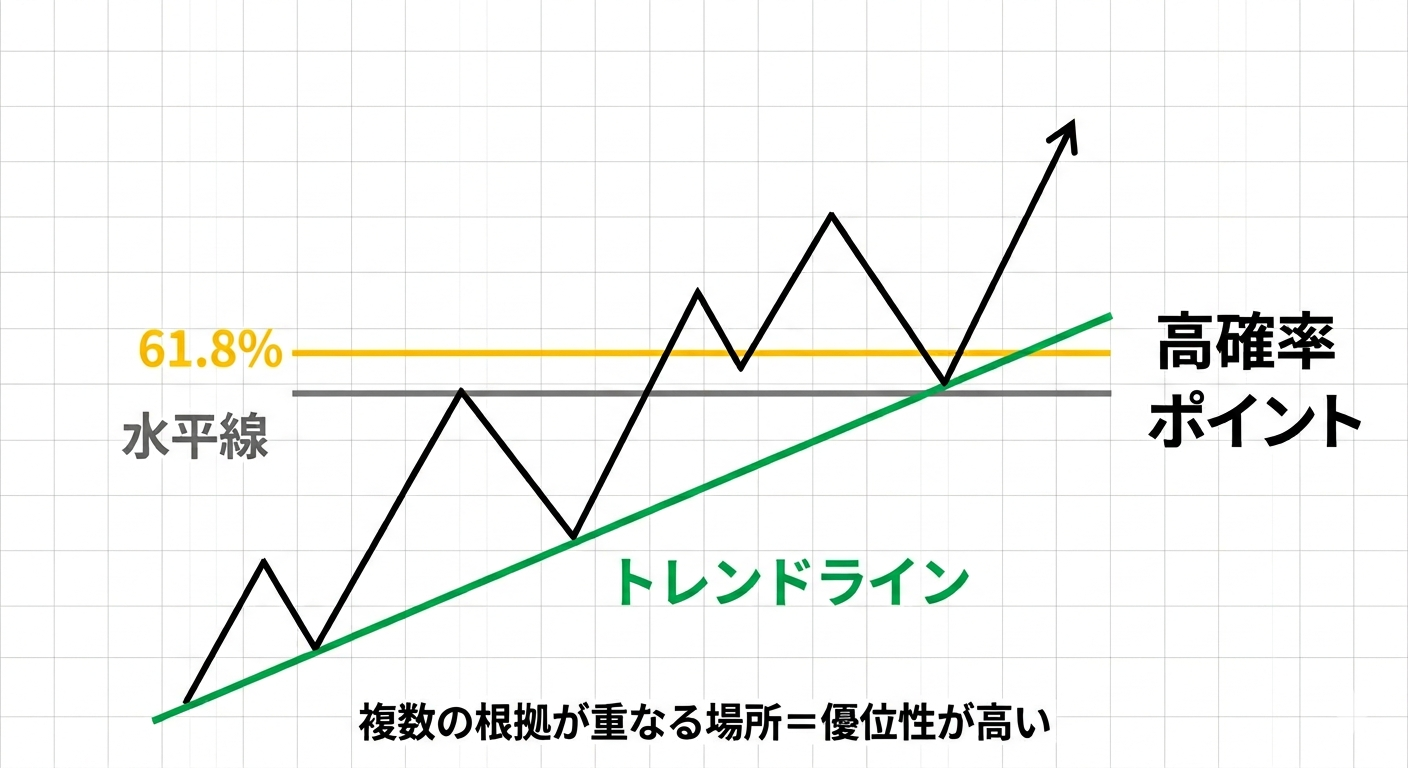 アグリーメント（フィボナッチ・水平線・トレンドラインの重なり）